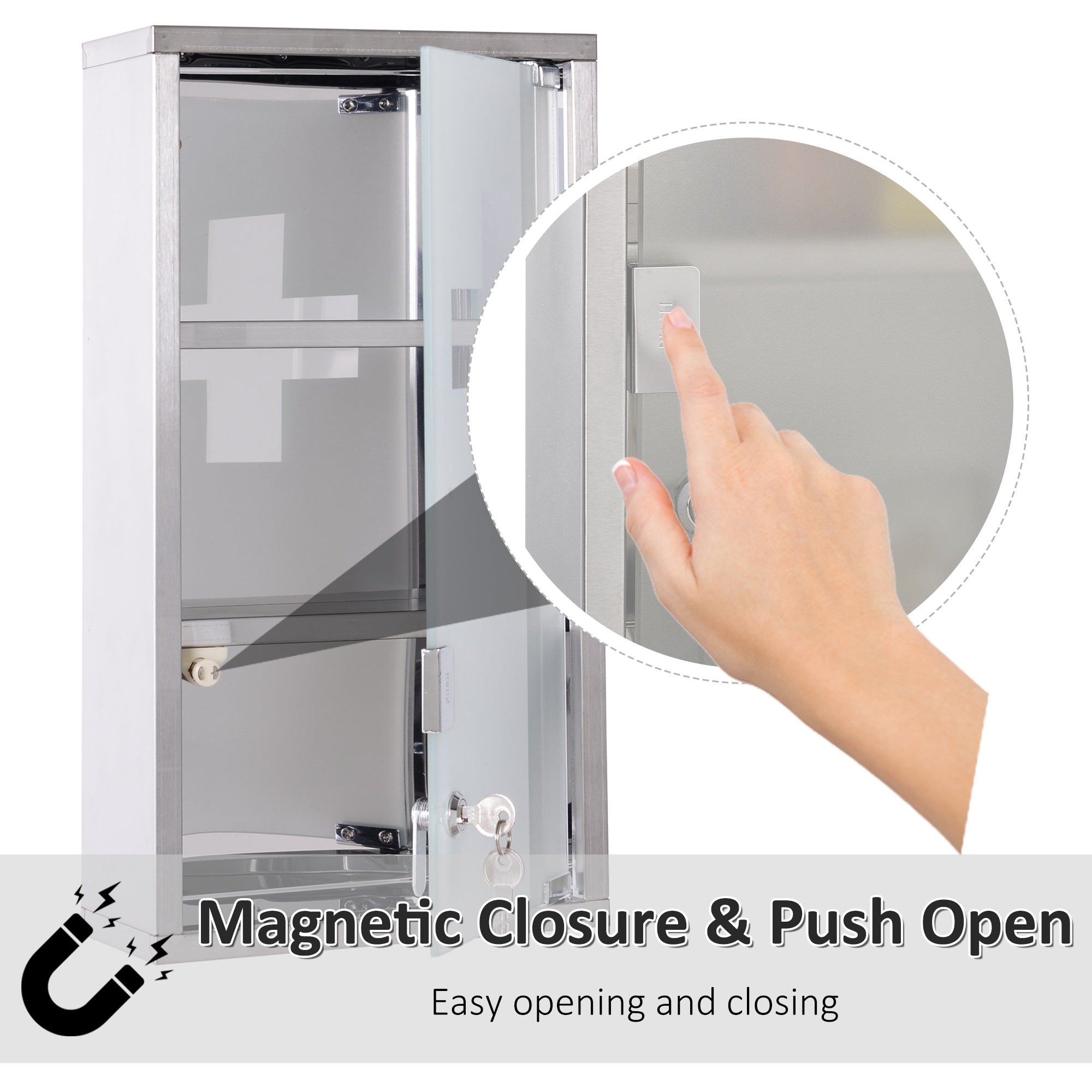 Wall Mount Medicine Cabinet Bathroom Cabinet with 2 Shelves, Stainless Steel Frame and Glass Door, Lockable with 2 Keys