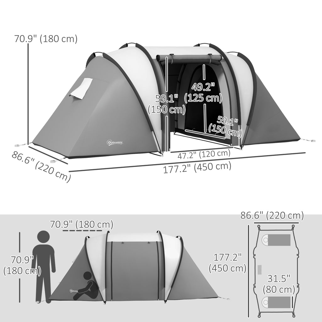 Camping Tent with 2 Bedrooms and Living Area, 3000mm Waterproof Family Tent, for Fishing Hiking Festival, Grey