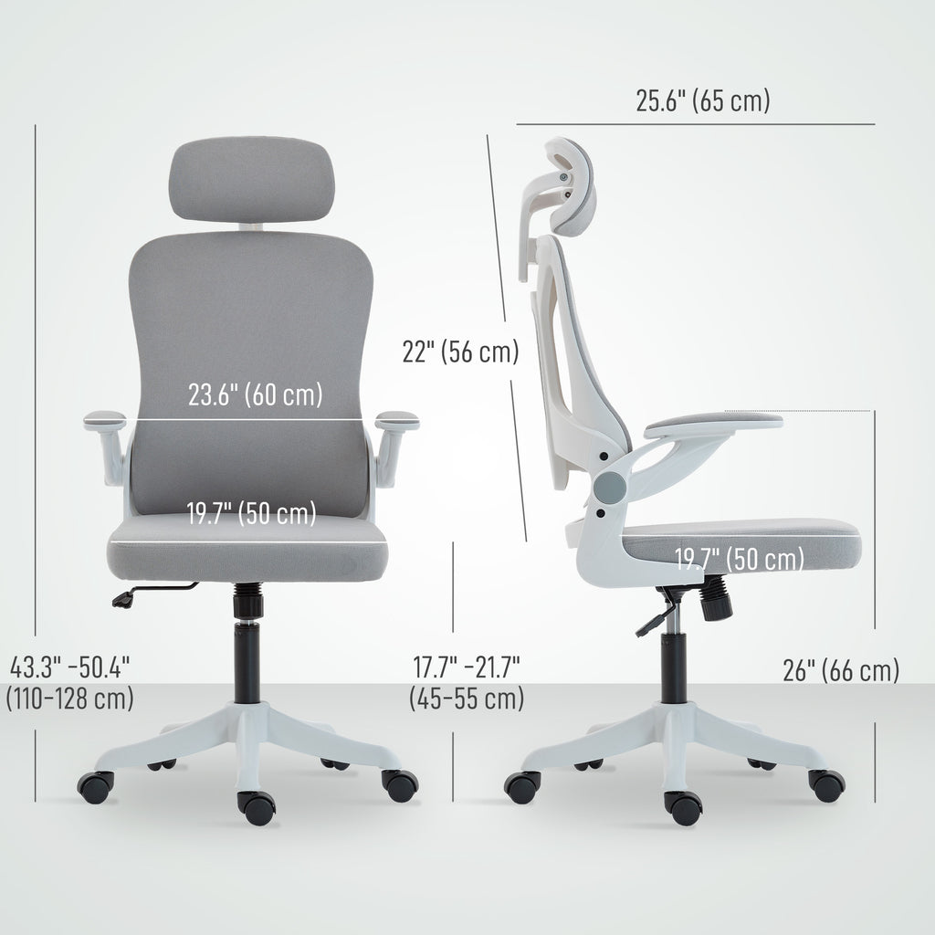 Ergonomic Office Chair, Swivel Desk Chair with Adjustable Lumbar Support, Headrest and Height, Flip-up Armrests, Grey