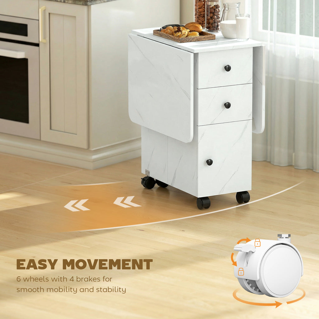 Drop Leaf Dining Table, Mobile Folding Table on Wheels with Drawers and Cabinet for Dining Room, Kitchen, Marble White