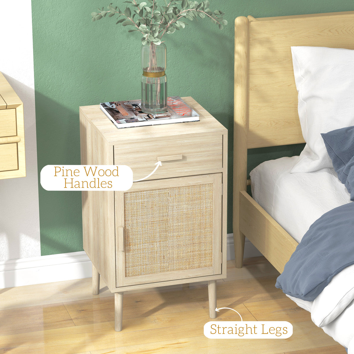 Boho Bedside Tables Set of 2, Nightstands with Drawer, Rattan Cabinet, Adjustable Shelf for Bedroom, Living Room, Black