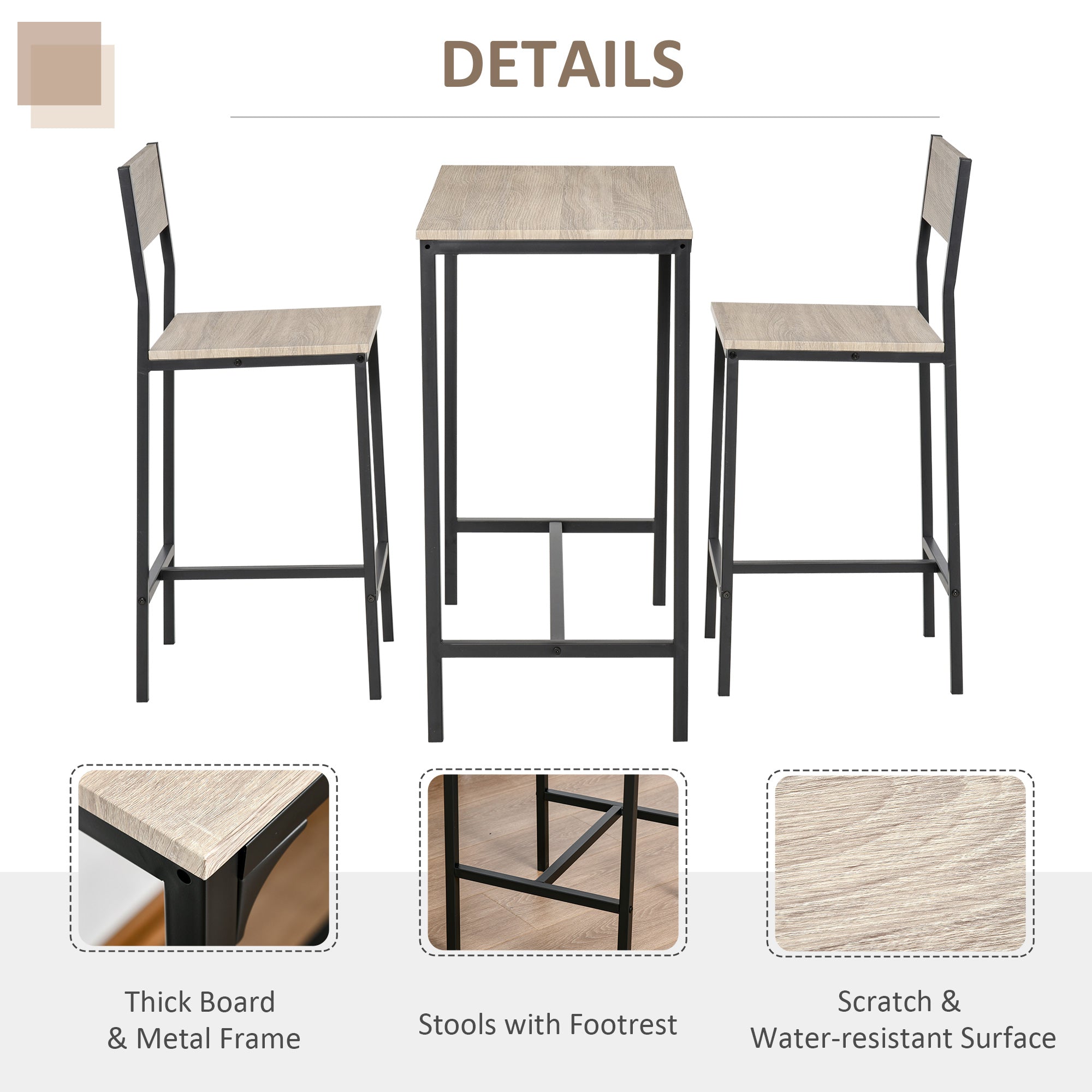 Industrial Bar Table Set Counter Height 3 Piece and 2 High Back Stools Set Dining Table Set Natural Wood
