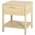 Narrow Nightstand with Rattan Elements, Bedside Table with Drawer and Storage Shelf for Bedroom, Natural