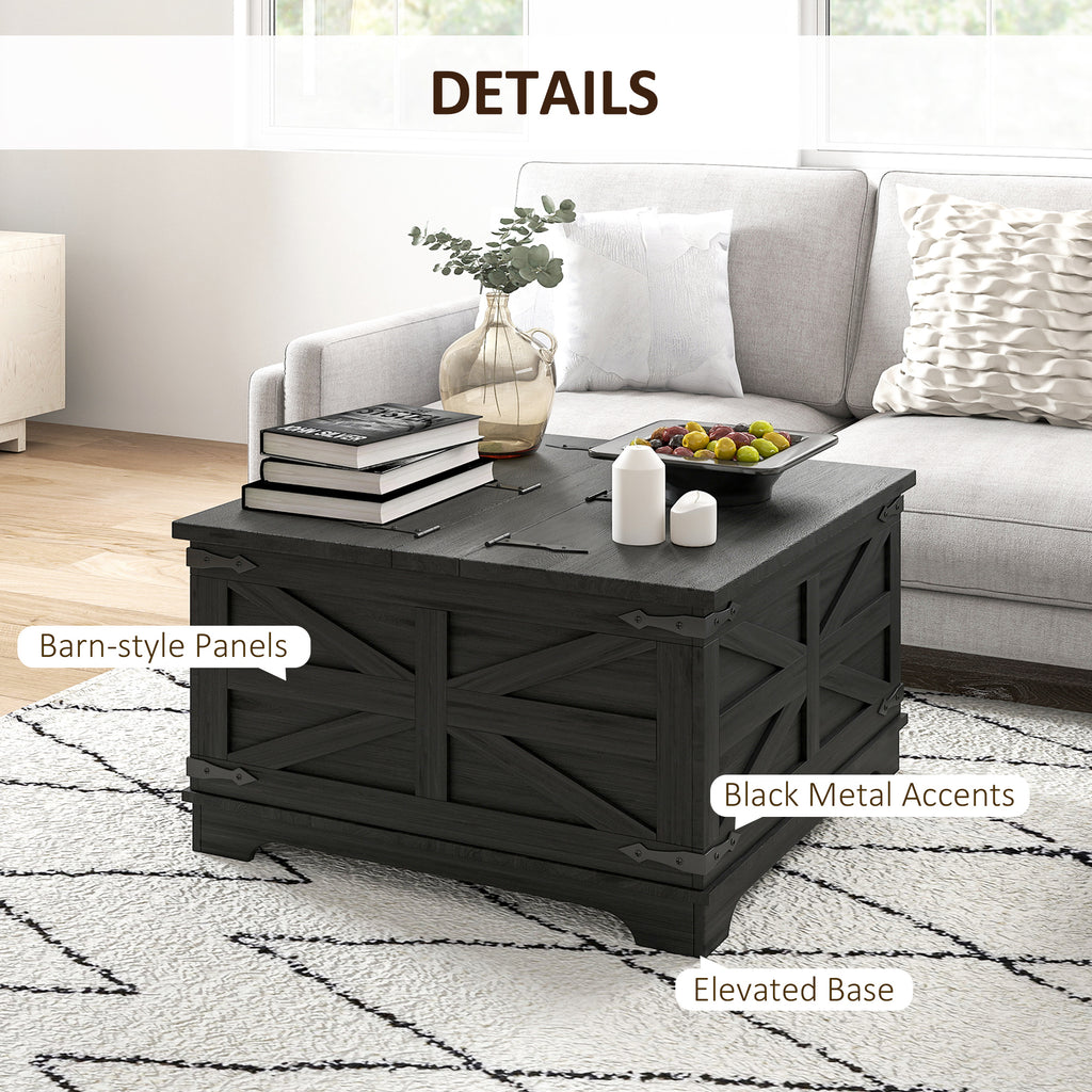 Farmhouse Coffee Table, Square Center Table with Flip-top Lids, Hidden Storage Compartment, Black