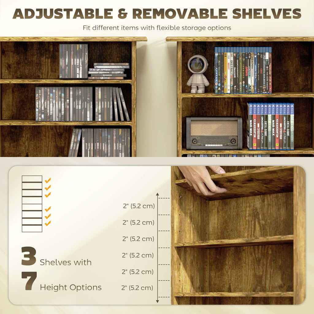 8-Tier DVD Shelf with 6 Adjustable Shelves, Slim CD Shelf, Holds 360 CDs, 185 DVDs or 185 Blu-rays, Rustic Brown