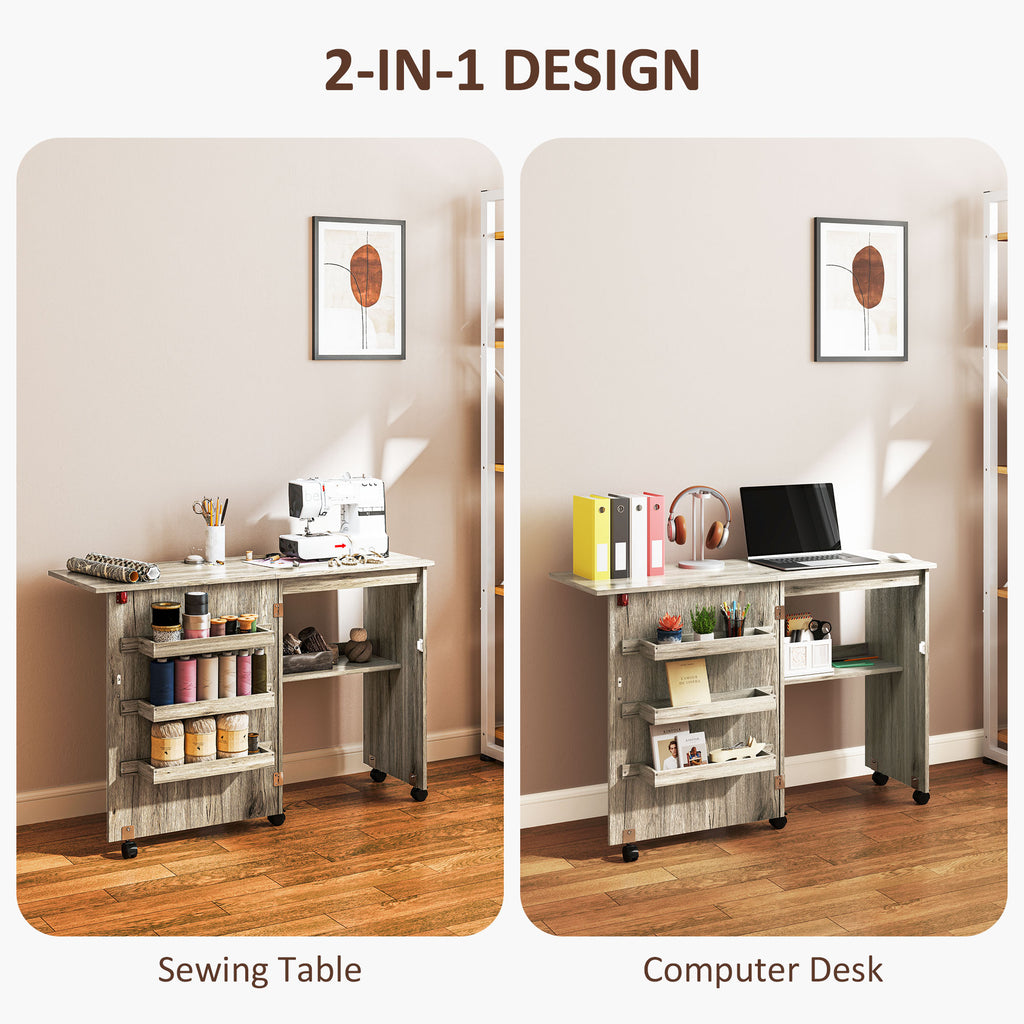 Sewing Machine Cabinet, Folding Sewing Table with Storage Shelf, Bins and Lockable Wheels for Small Space, White