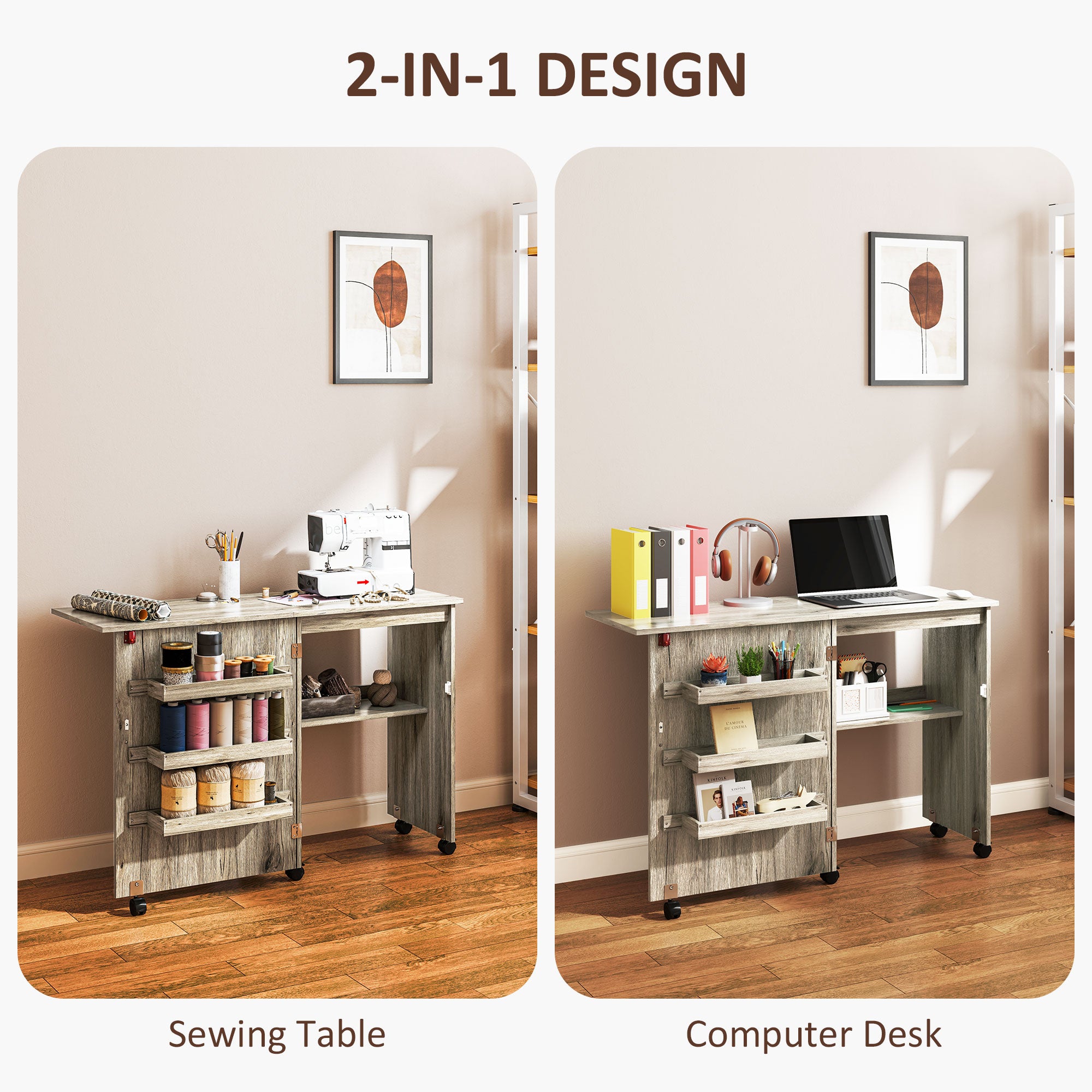 Sewing Machine Cabinet, Folding Sewing Table with Storage Shelf, Bins and Lockable Wheels for Small Space, White