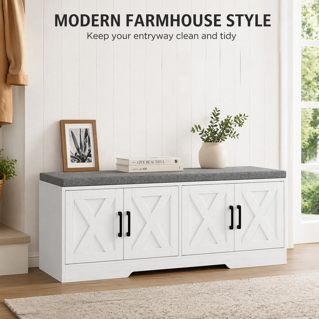 Shoe Bench with Cushion Shoe Storage Bench with Doors Adjustable Shelves for Entryway, White