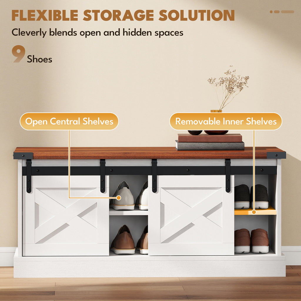 Coat Rack Shoe Bench Set 2-Piece Hall Tree Storage 4 Hooks Sliding Barn Doors White and Dk Walnut