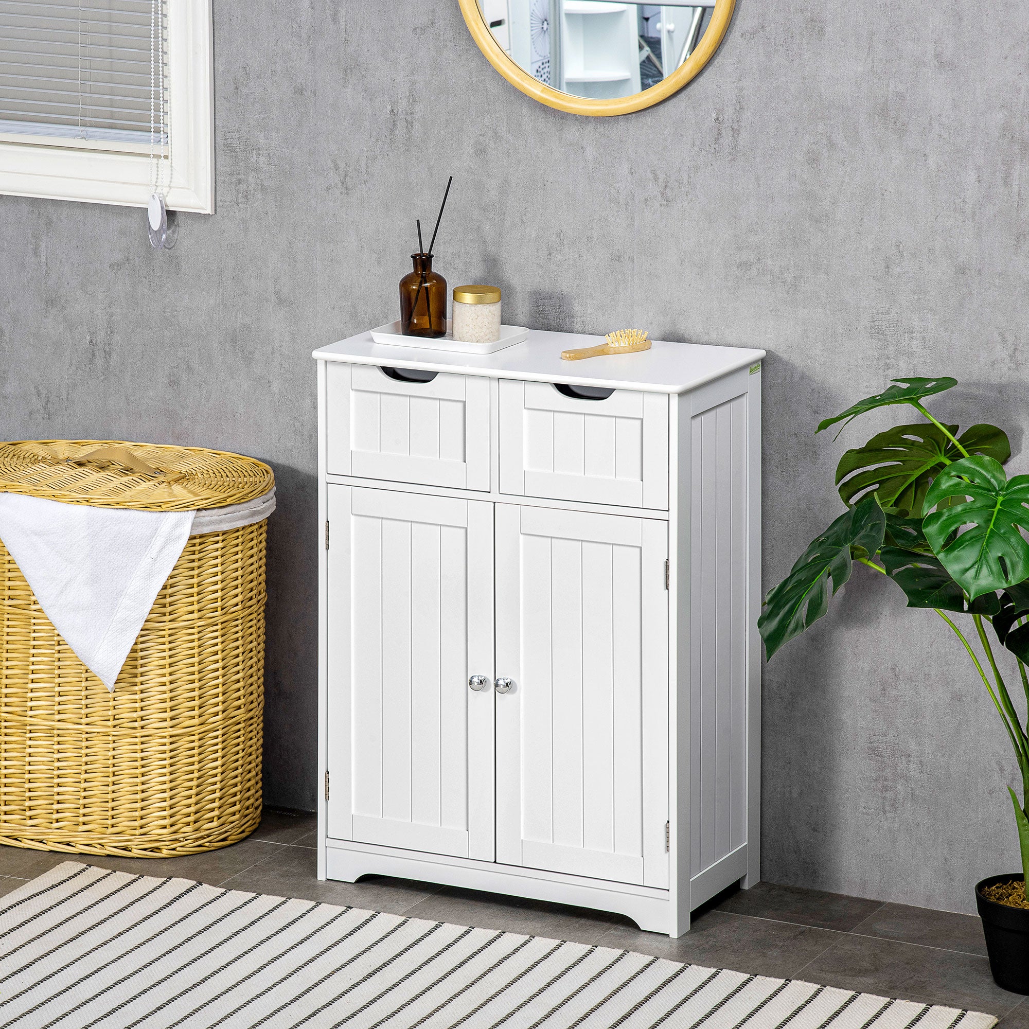 Bathroom Cabinet, Bathroom Storage Cabinet with 2 Drawers, Adjustable Shelf for Living Room, Entryway, White