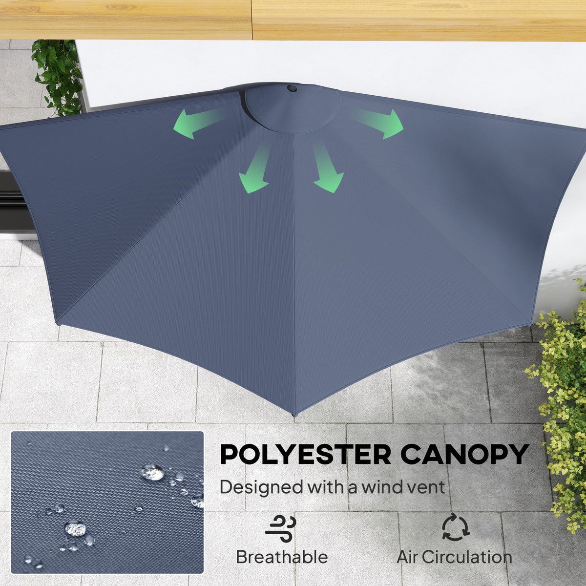 9.8ft Half Umbrella Semi Round Patio Parasol with Crank Handle, Top Vent for Garden, Balcony- NO BASE INCLUDED Dark Grey