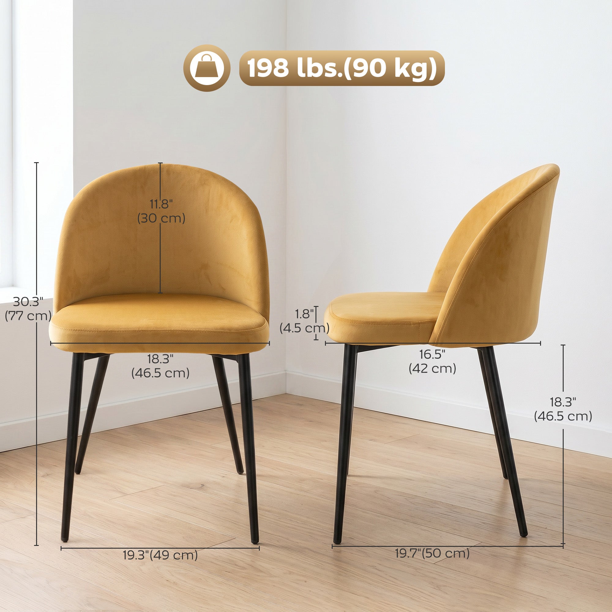 Set of 2 Mid-Back Dining Chair, Mid-Back Velvet-touch Upholstery Kitchen Chair for Living Room Dining Room, Yellow