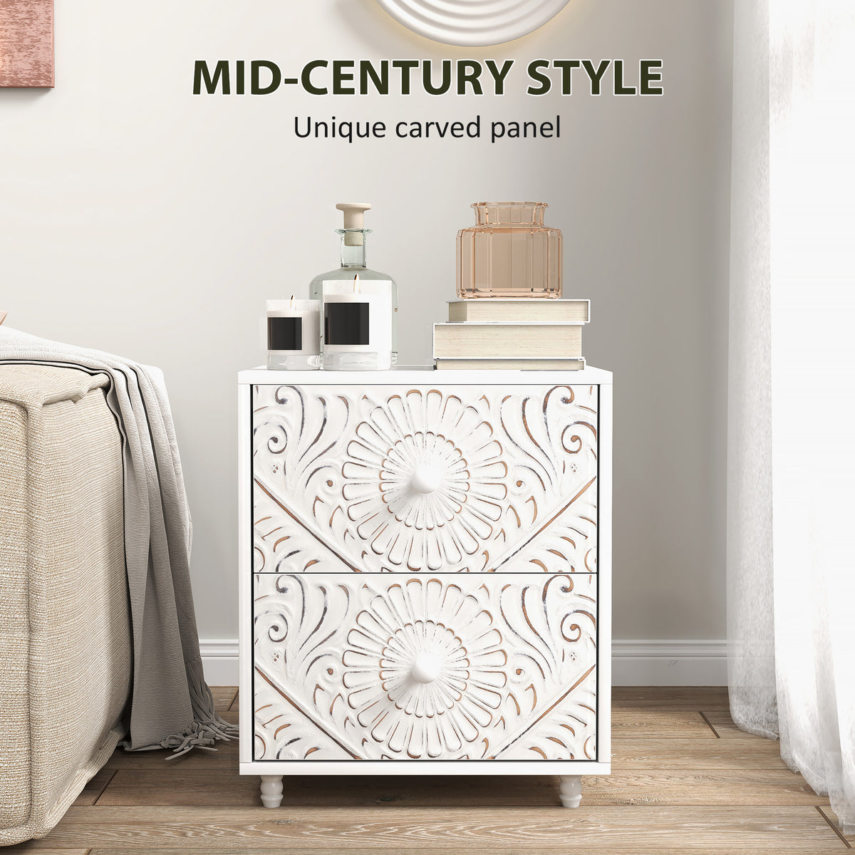 Mid-Century Bedside Table, Nightstand with 2 Drawers, Side End Table for Bedroom, White