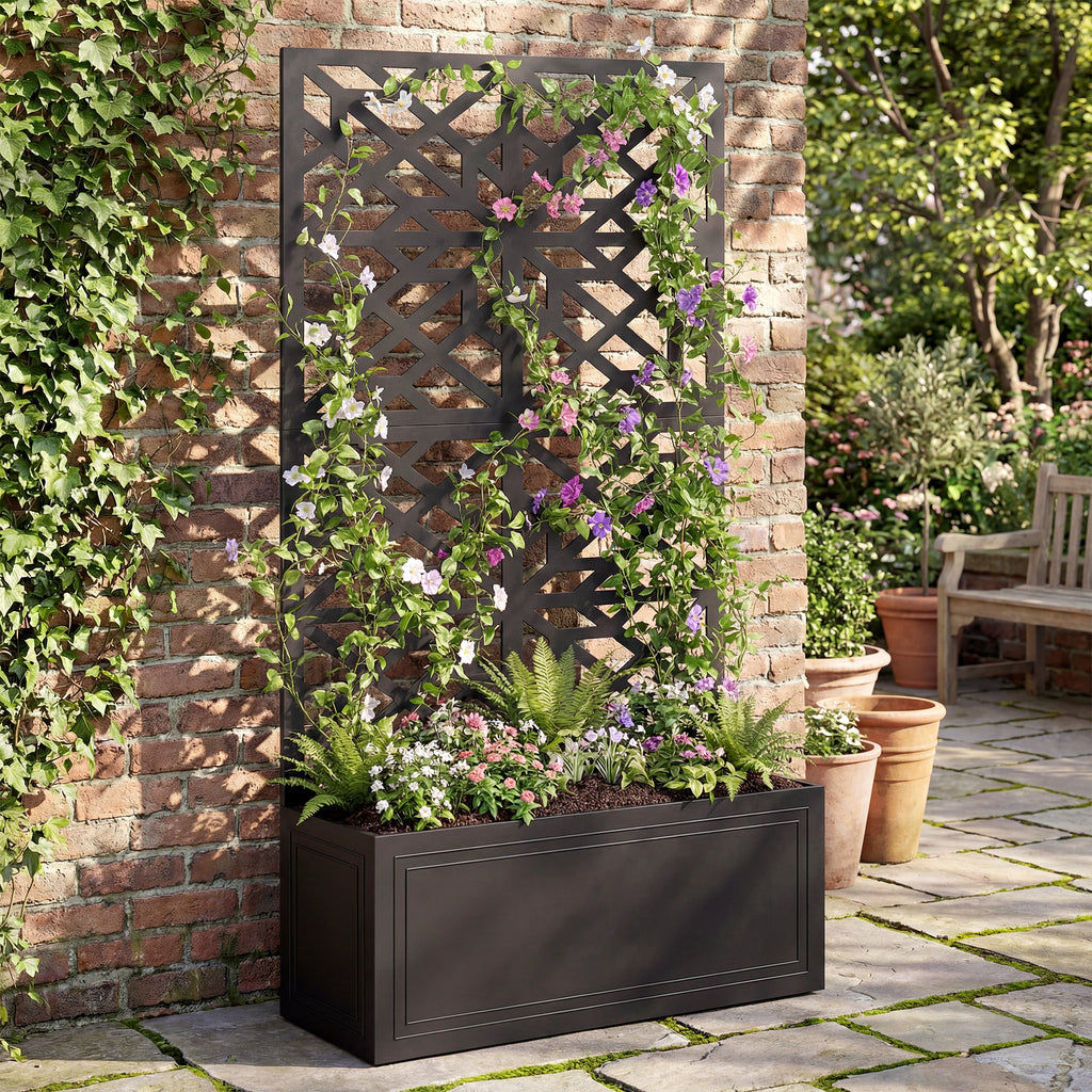 Metal Raised Garden Bed with Trellis for Climbing Plants, Freestanding or Wall Mounted Flower Bed with Privacy Panel