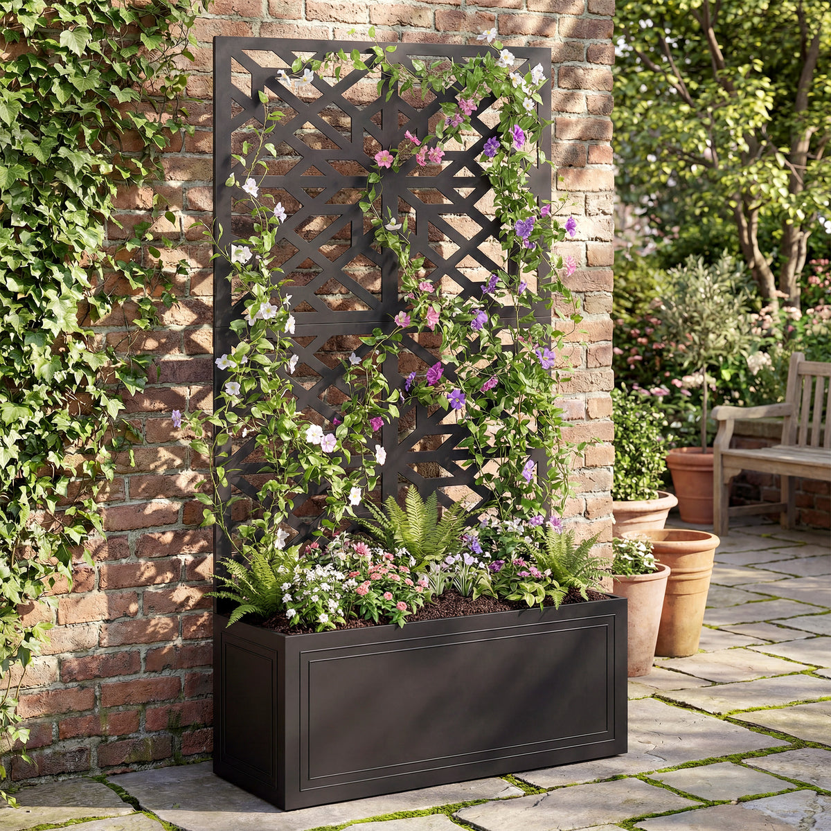 Metal Raised Garden Bed with Trellis for Climbing Plants, Freestanding or Wall Mounted Flower Bed with Privacy Panel