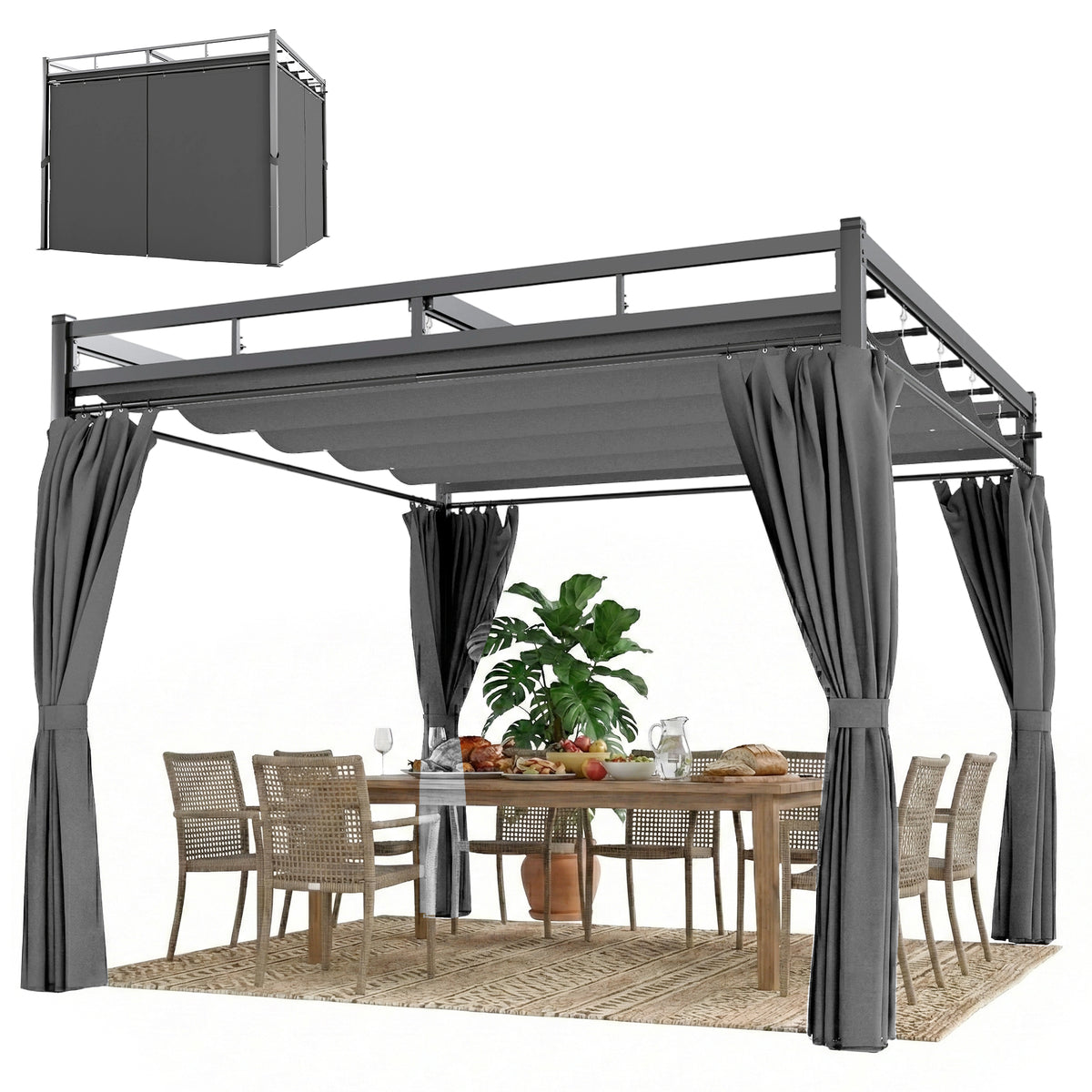 10' x 10' ደገ ጋዜቦ፣ ምስ መጋረጃታት ዝምለስ ፐርጎላ ካኖፒ፣ UPF30+ ብራኽ ዘይብሉ ብረት ፐርጎላ ኪት፣ ጸሊም ግራጫ