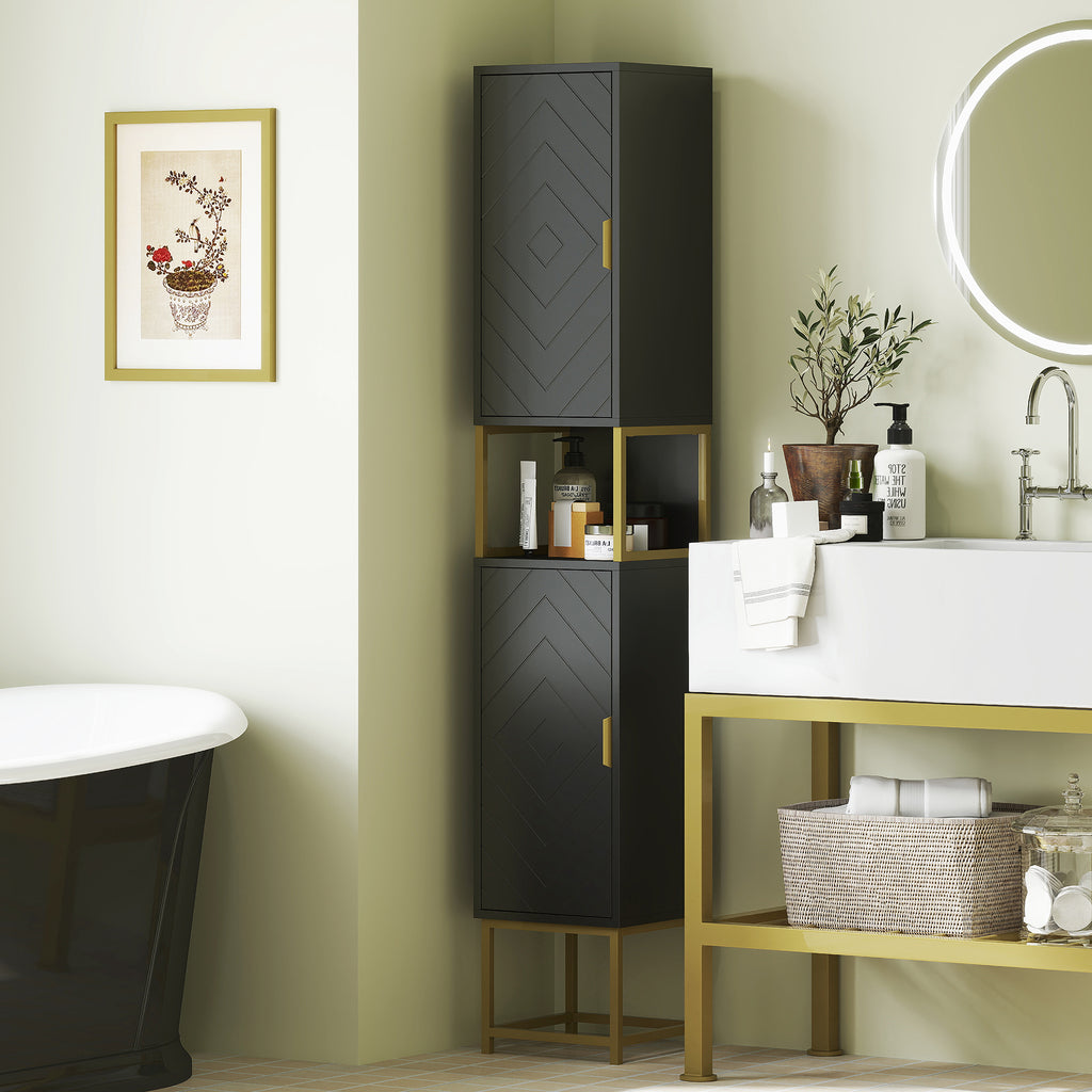 Tall Bathroom Storage Cabinet, Modern Narrow Bathroom Cabinet with Diamond Chevron Pattern and Adjustable Shelf, White