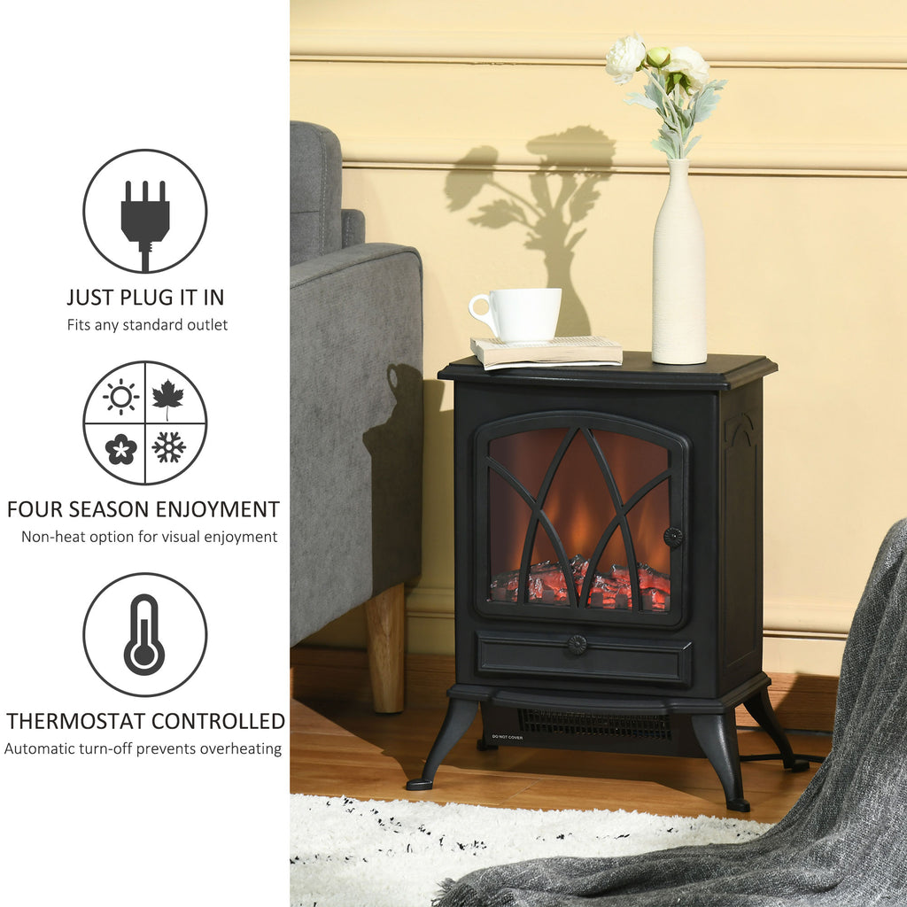 Free Stand Electric Fireplace Stove Heater with Adjustable LED Flame Effect and Front Door, 750W/1500W, Black