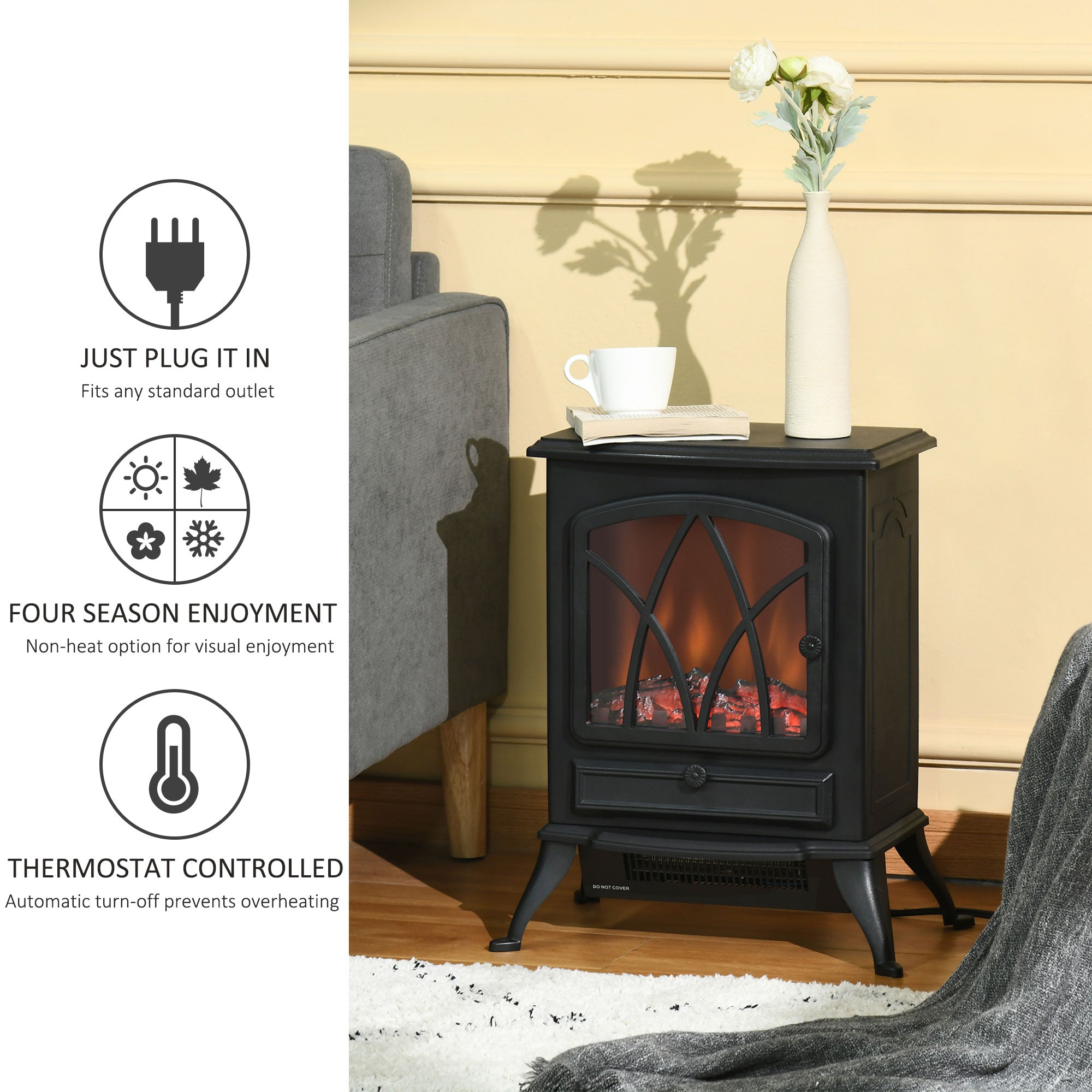 Free Stand Electric Fireplace Stove Heater with Adjustable LED Flame Effect and Front Door, 750W/1500W, Black