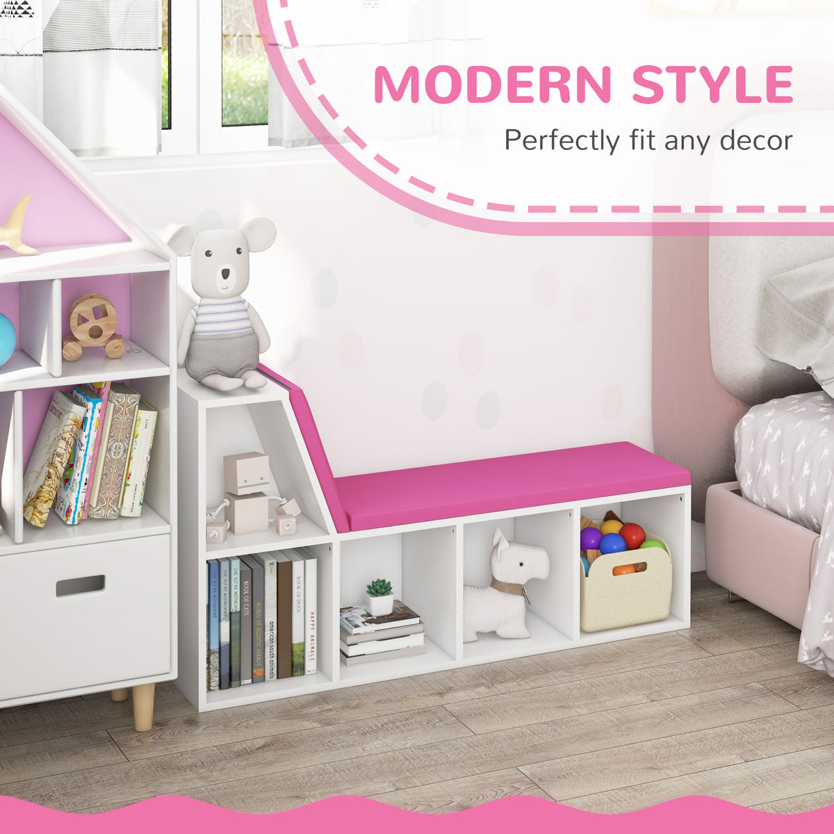 Multi-Purpose Bookshelf with 5 Cubes, 5-Cubby Bookcase with Cushioned Reading Nook and Storage Shelves, Pink