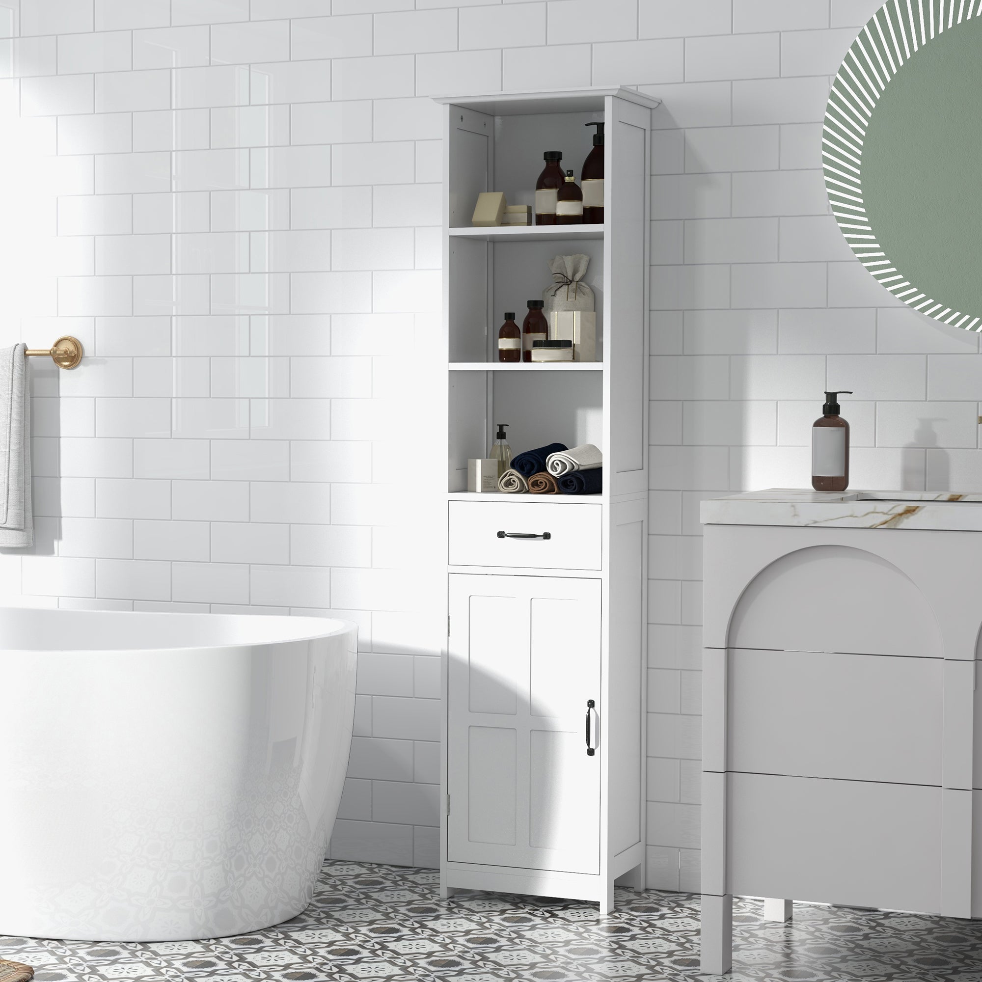 Modern Bathroom Cabinet, Narrow Bathroom Vanities with 3 Open Shelves, Drawer and Adjustable Shelf, White