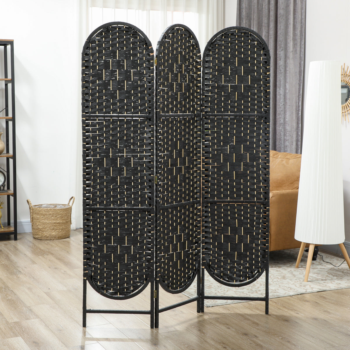 Bohemian Privacy Screen, Folding Room Divider with 4 Panels and Arched Top for Bedroom Living Room Office, Black