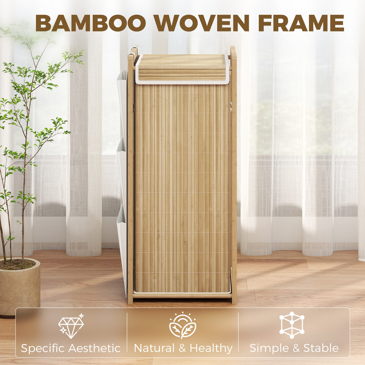 Bamboo Laundry Hamper with Removable Drawstring Bag and Side Storage Pockets, 20 Gal, Natural