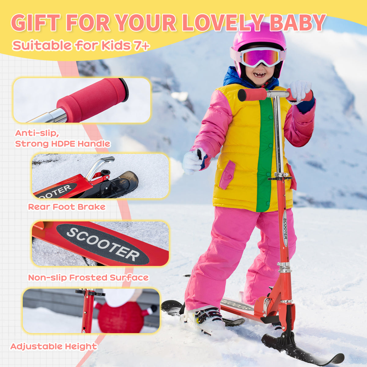 Qaba Snow Scooter, 2 in 1 Design Adjustable Height Scooter Snow Sled for Kids Aged Over 7 Years Old, Foldable Kids Sled Ski Scooter with Wheels Blades, Green