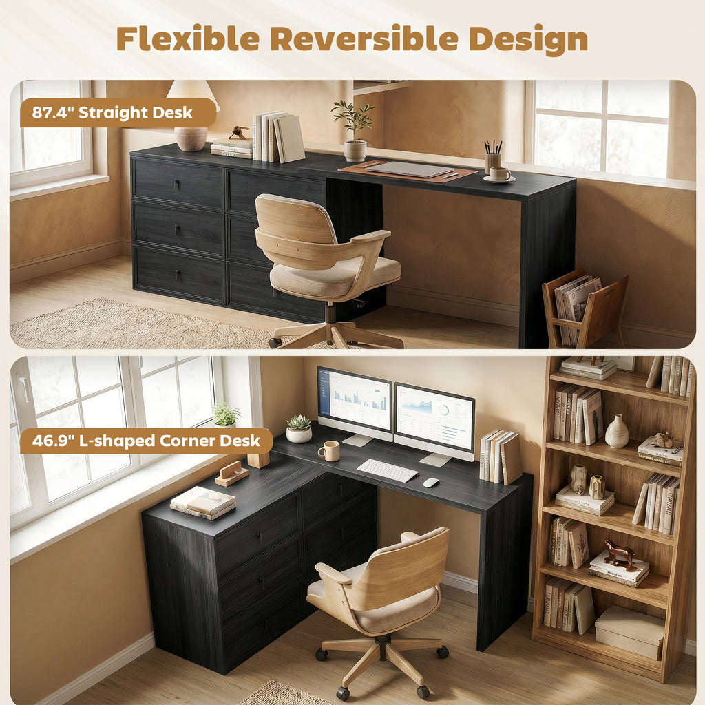 L Shaped Computer Desk Home Office Desk with 6 Drawers Black Wood Grain