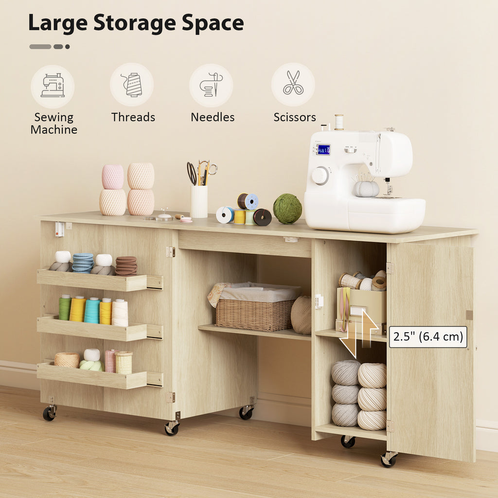 Sewing Machine Table with Drop Leaf, Folding Craft Table with 2 Doors and Adjustable Shelf for Small Spaces, Natural