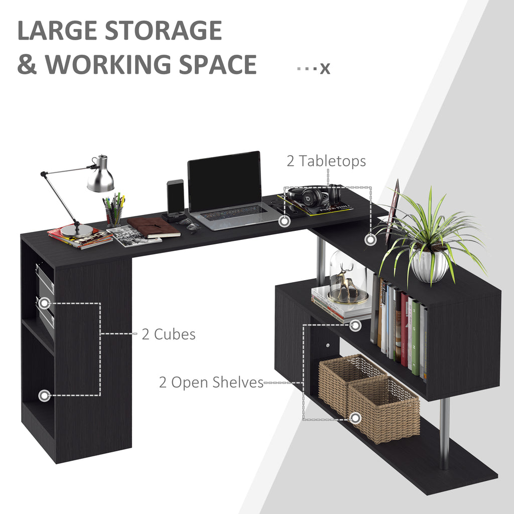 55" Corner Computer Desk, 360° Rotating L-Shaped Desk, Home Office Workstation with 3-Tier Shelves, Bookshelf, White