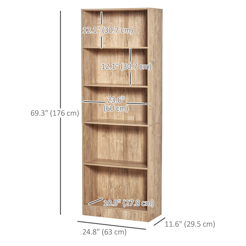 خزانة كتب بخمسة أرفف، رف كتب للتخزين بأرفف قابلة للتعديل، أرفف عرض لغرفة المعيشة، المكتب المنزلي، خشب طبيعي