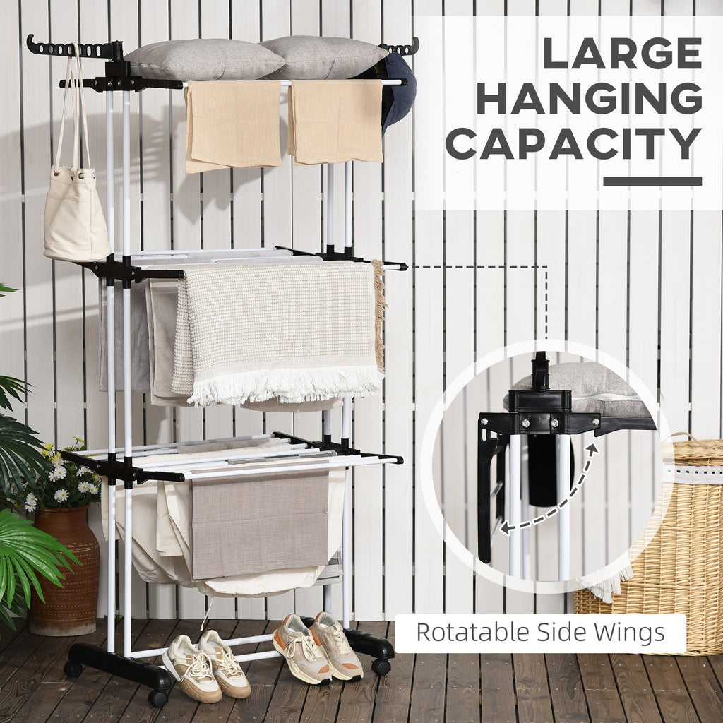 Foldable Clothes Drying Rack, 4-Tier Steel Laundry Rack for Drying Clothes with 2 Side Wings and 4 Castors, Indoor and Outdoor Use, Black