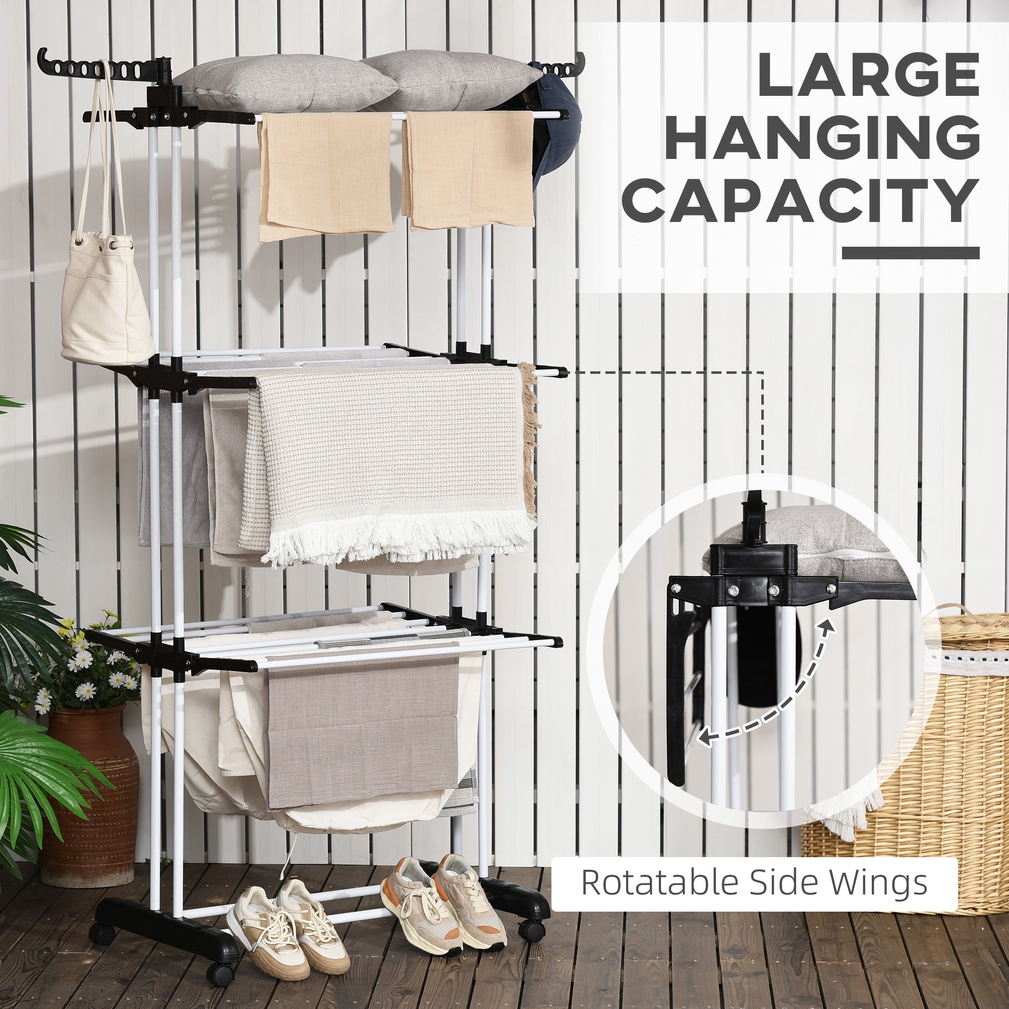 Foldable Clothes Drying Rack, 4-Tier Steel Laundry Rack for Drying Clothes with 2 Side Wings and 4 Castors, Indoor and Outdoor Use, Black