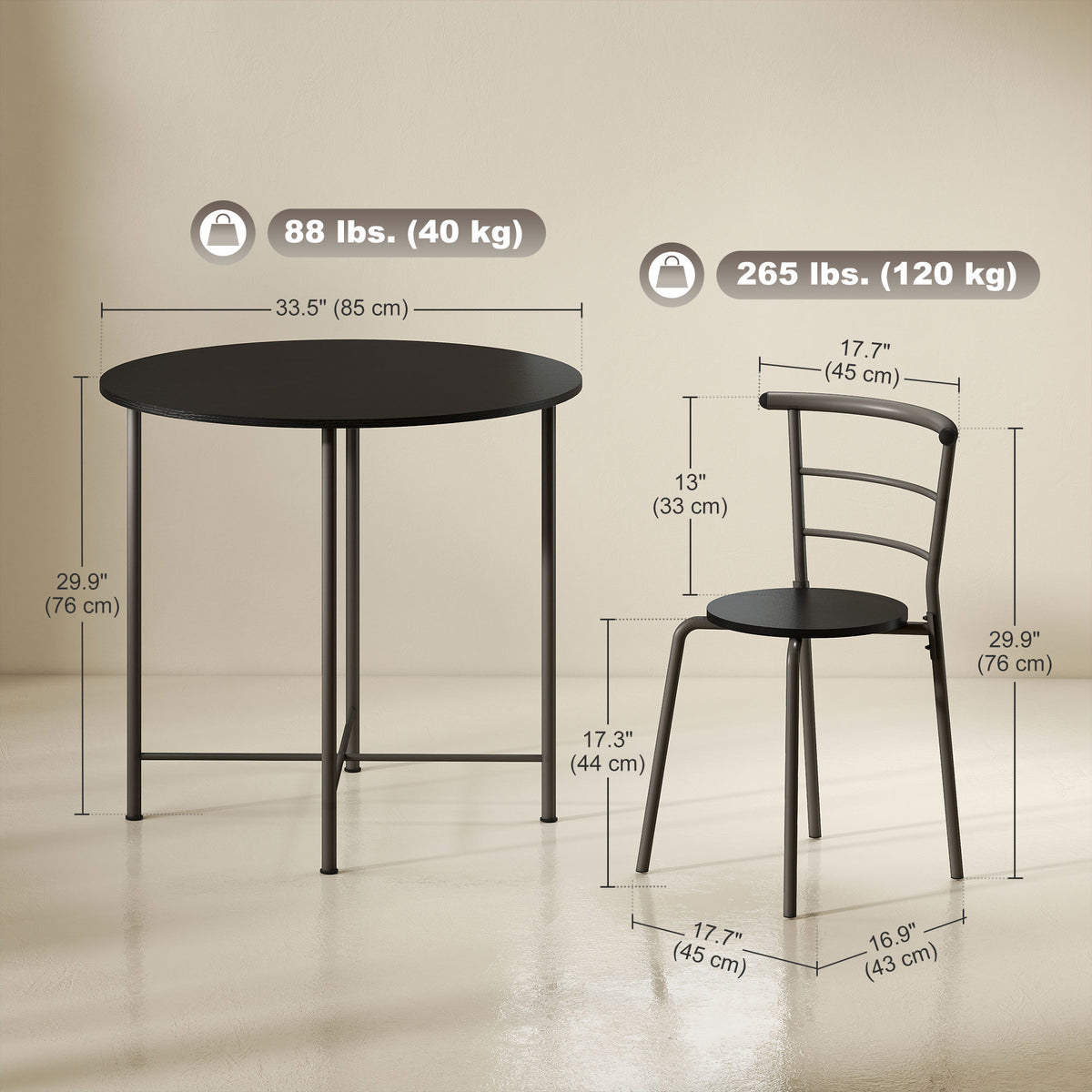 5 Piece Dining Table Set, Space Saving Round Dining Set for 4 with Metal Frame for Small Spaces, Black Wood Grain