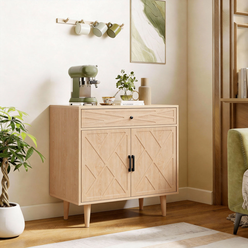 30" Sideboard with Patterned Doors, Buffet Cabinet with Drawer and Cabinet for Dining Room, Oak