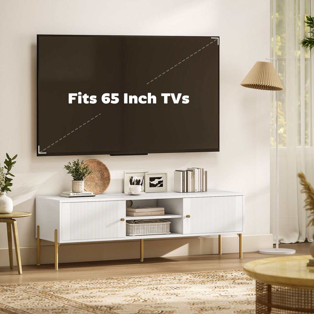 ንቲቪ ስታንድ ንቲቪ ክሳብ 65"፣ መዝናኒ ማእከል ምስ 2 ክፍት መደርደሪታት፣ 2 ካቢኔታትን ሓጺን እግርን ንክፍሊ መነባብሪ፣ ጸሊም