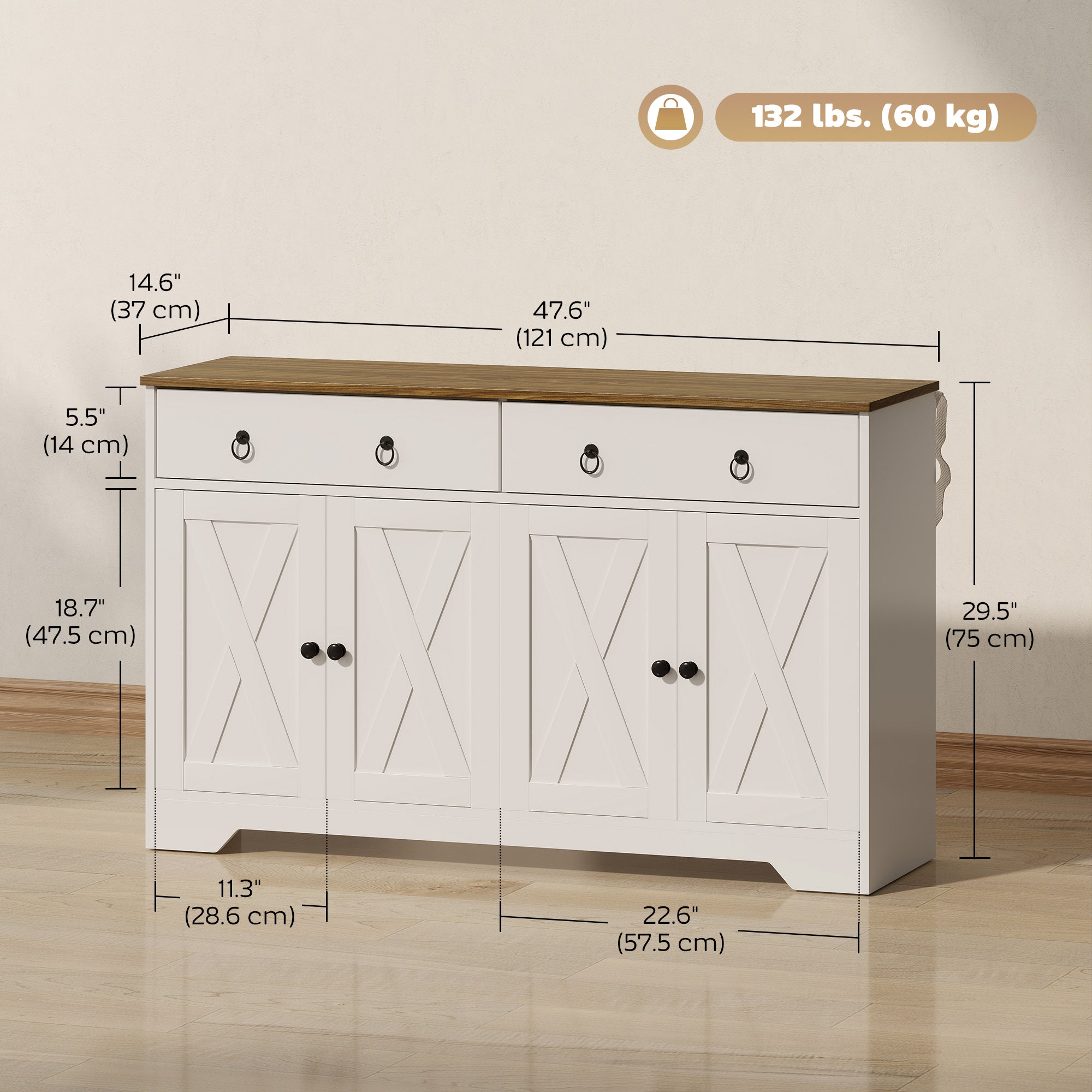 Kitchen Sideboard Cabinet with 2 Drawers, 4 Barn Doors and 2 Adjustable Shelves, Buffet Table for Living Room, White