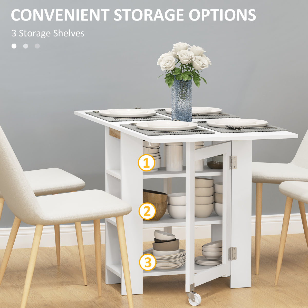 Folding Dining Table with Storage, Drop Leaf Kitchen Table for Small Spaces, White