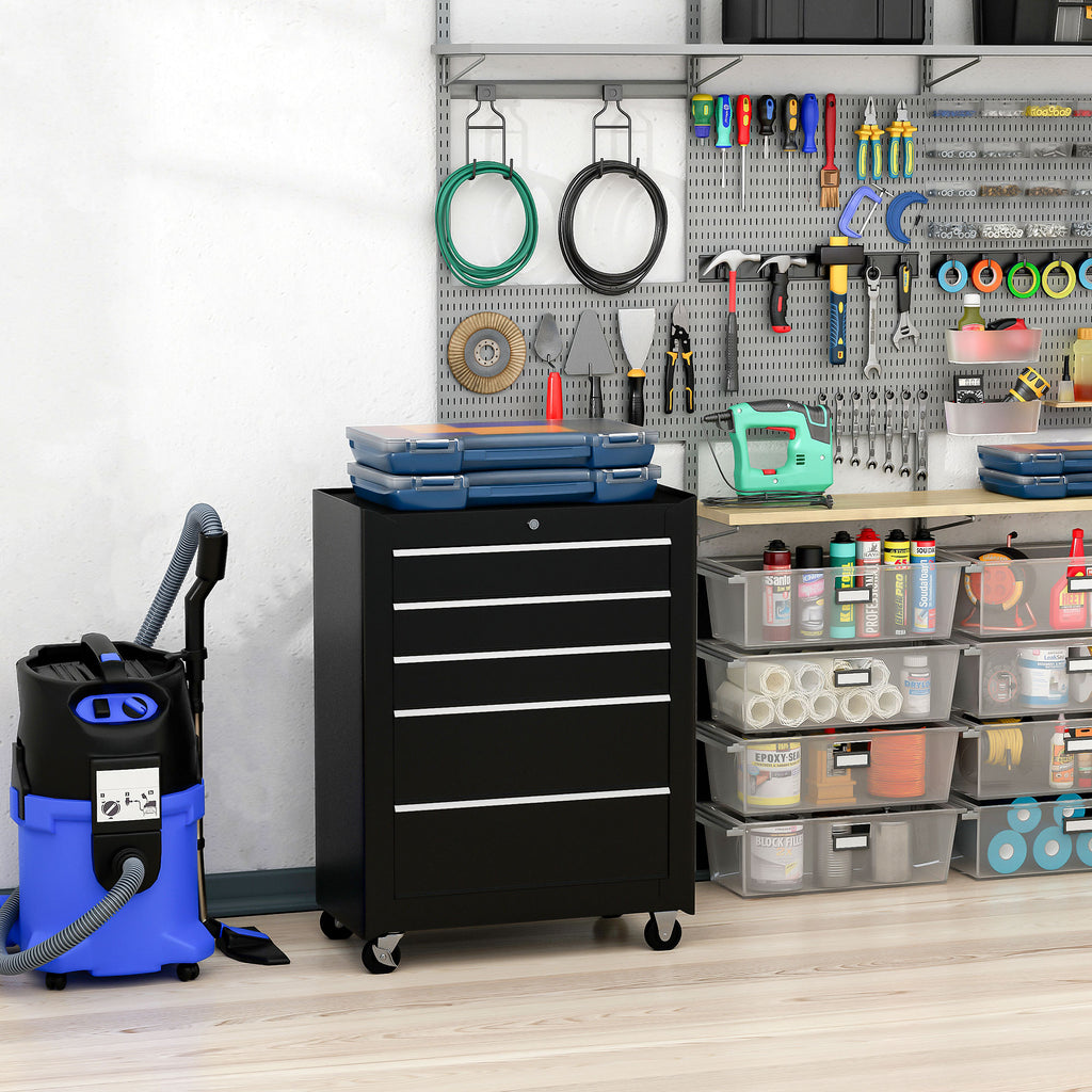 5-Drawer Rolling Tool Cabinet on Wheels, Lockable Tool Chest, Tool Organizer for Garage, Factory and Workshop, Black