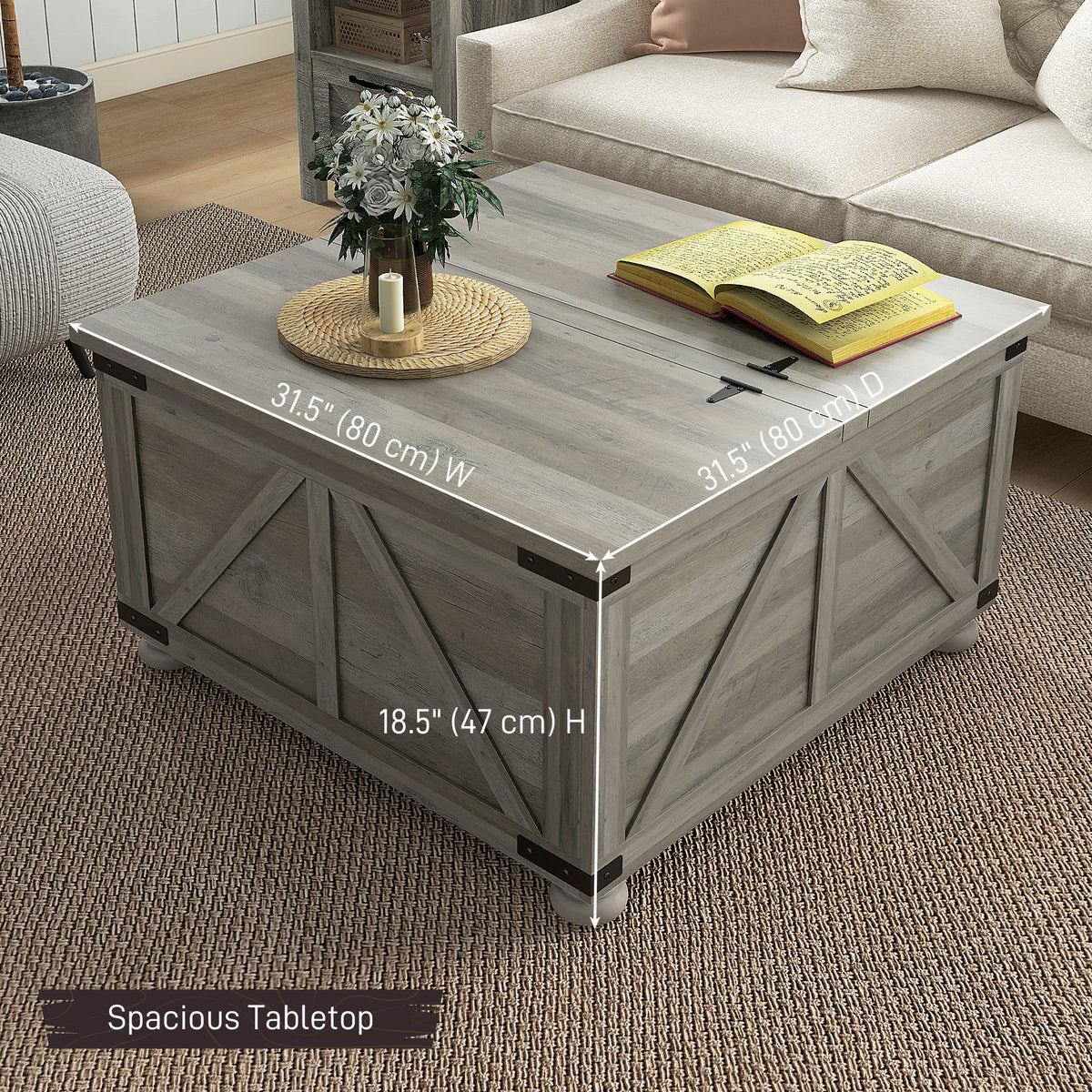 Farmhouse Coffee Table, Square Center Table with Flip-top Lids, Hidden Storage Compartment and Wooden Legs, Distressed Grey