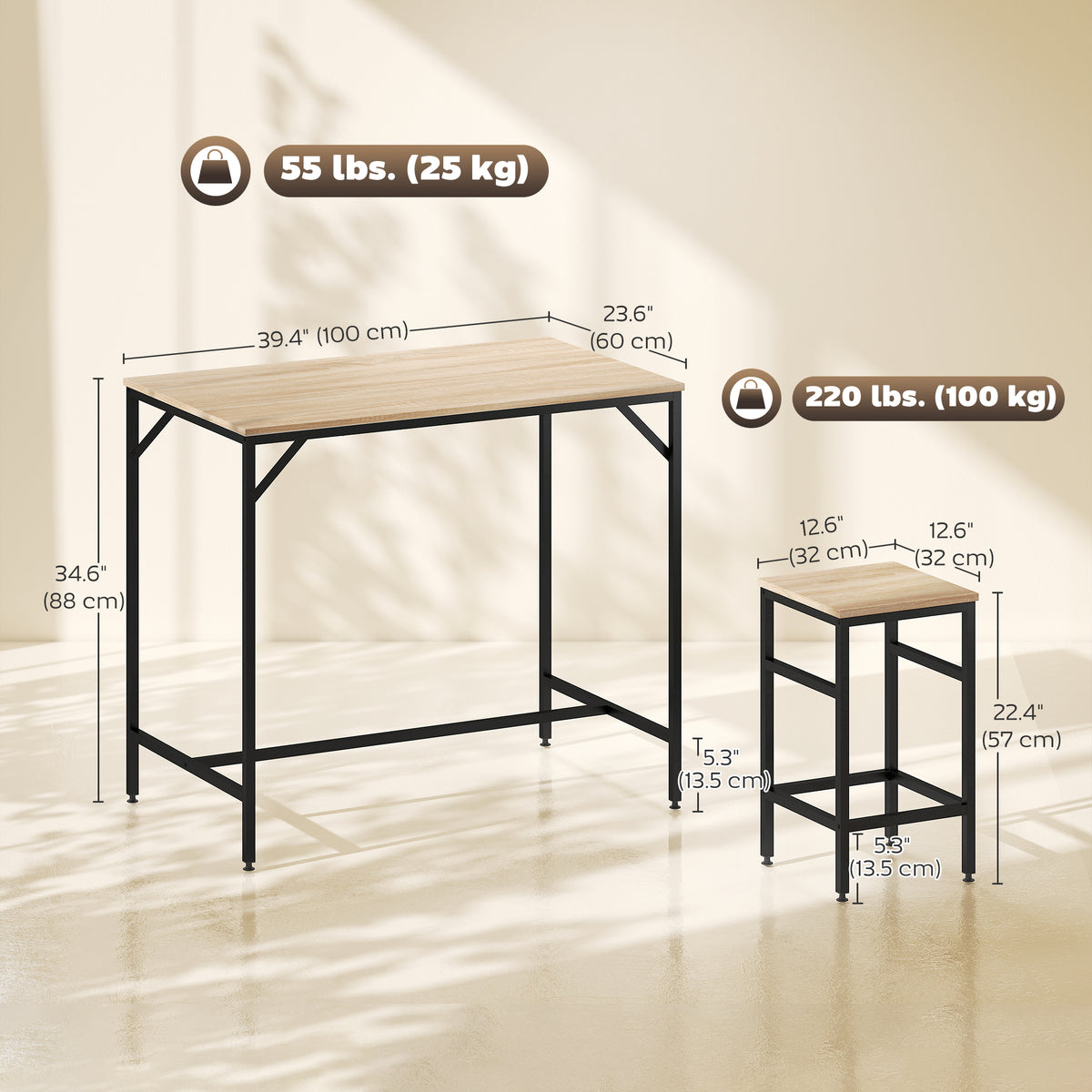5 Pieces Industrial Rectangular Bar Table Set, Dining Table Set Breakfast Table with 4 Stools for Dining Room, Kitchen, Dinette, Oak