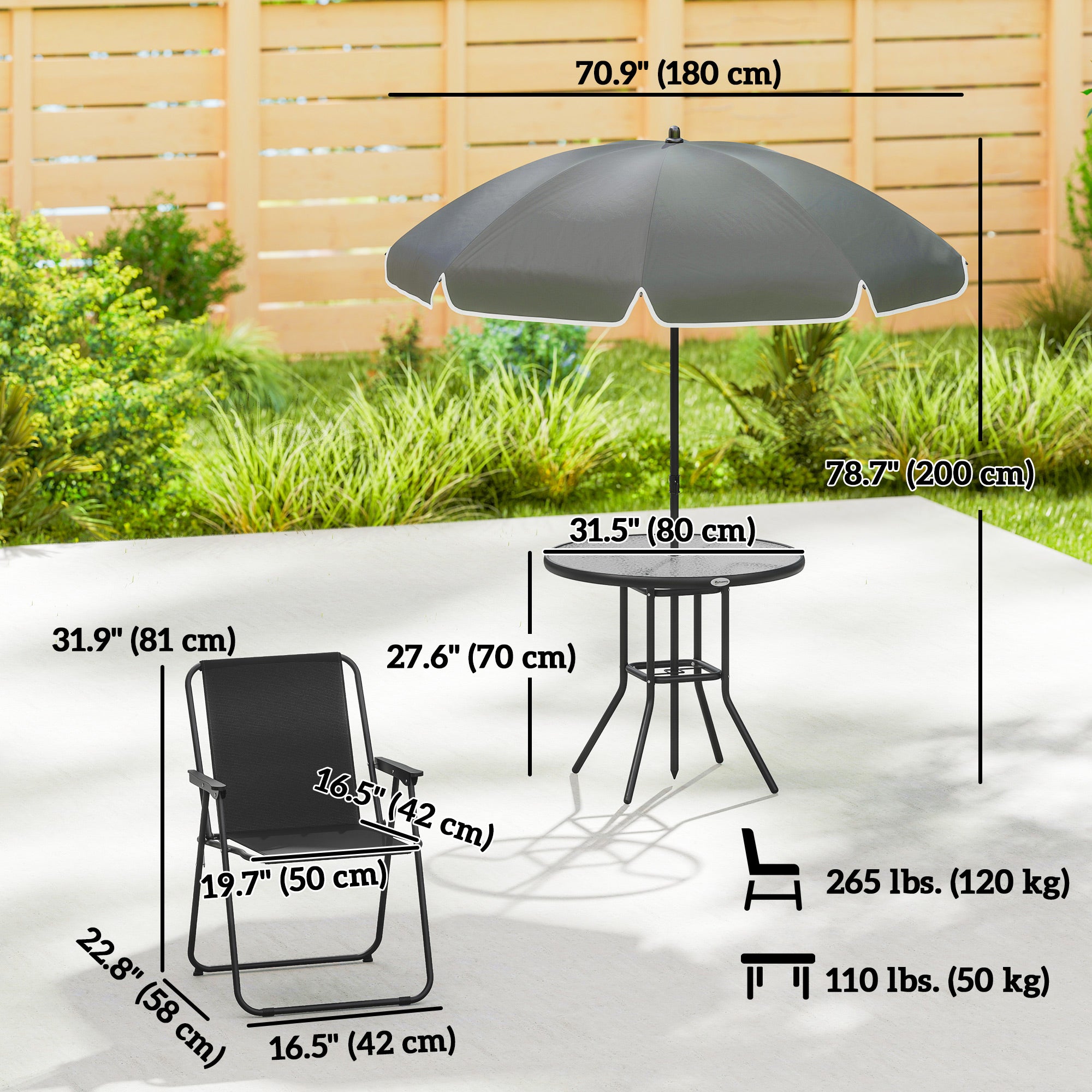 6 Pieces Patio Dining Set with Umbrella, Patio Furniture Set with Folding Chairs, Glass Table for Garden Backyard, Grey