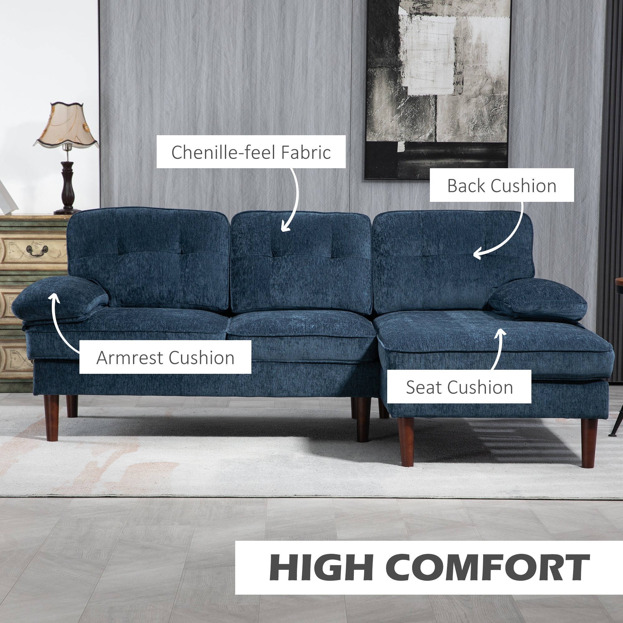 Modern Corner Couch with Right Chaise Lounge, Tufted 3-Seater Sofa with Wooden Legs for Living Room, Navy Blue