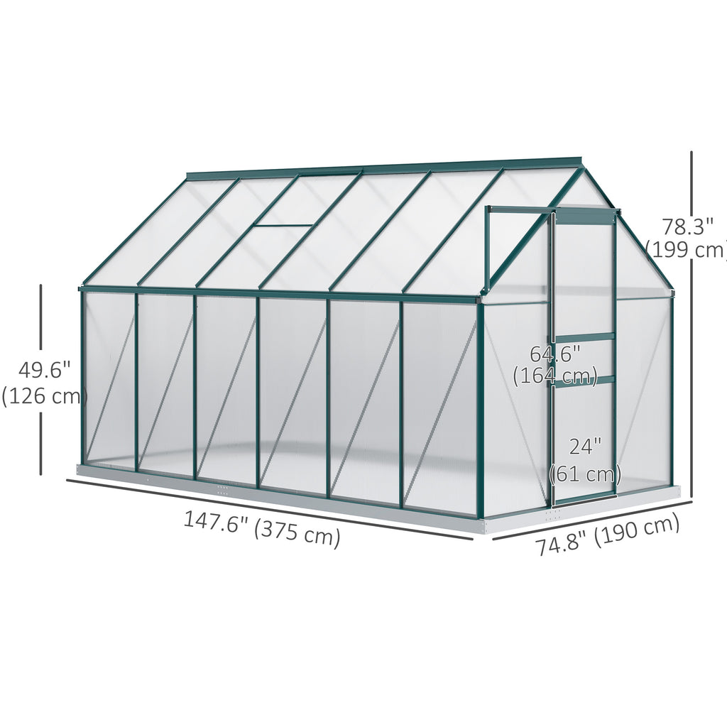 دفيئة من البولي كربونات 6' × 12' × 6.5'، دفيئة ذات مدخل مع فتحة سقف قابلة للتعديل، قاعدة مجلفنة، باب منزلق، ميزاب مطر للحديقة الخارجية والفناء الخلفي، أخضر