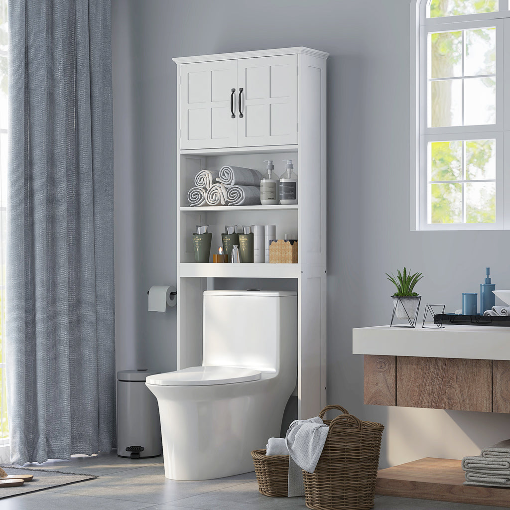 Modern Over The Toilet Storage, Bathroom Cabinets Over Toilet with Open Shelves and Double Door Cabinet, White