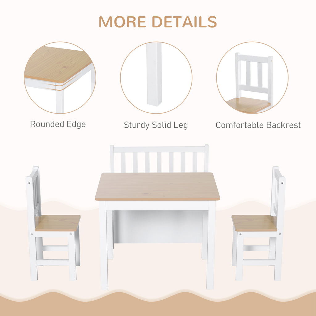 Qaba 4-Piece Set Kids Wood Table Chair Bench with Storage Function Easy to Clean Gift for Girls Boys Toddlers Age 3 Years up Natural and White