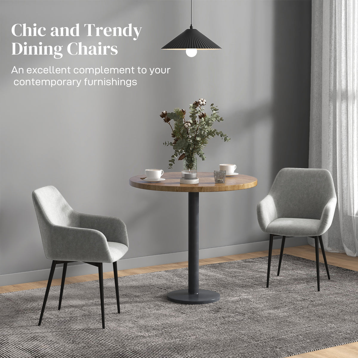 Dining Chairs Set of 2, Velvet-look Fabric Upholstered Kitchen Chairs with Backrest, Armrests and Steel Legs, Dark Grey