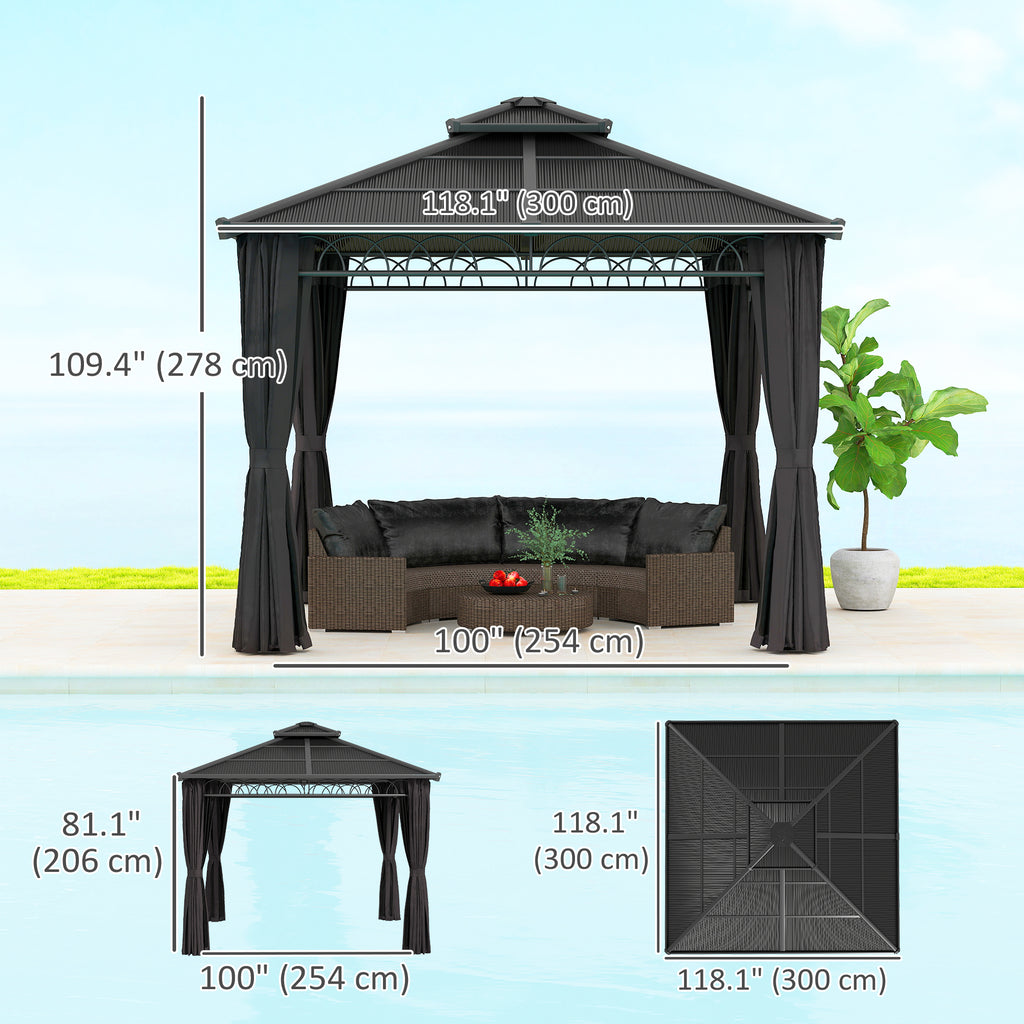 10' x 10' Outdoor Hardtop Gazebo Canopy with Double PC Roof, Steel Frame, Nettings, Curtains for Garden Lawn Deck, Black