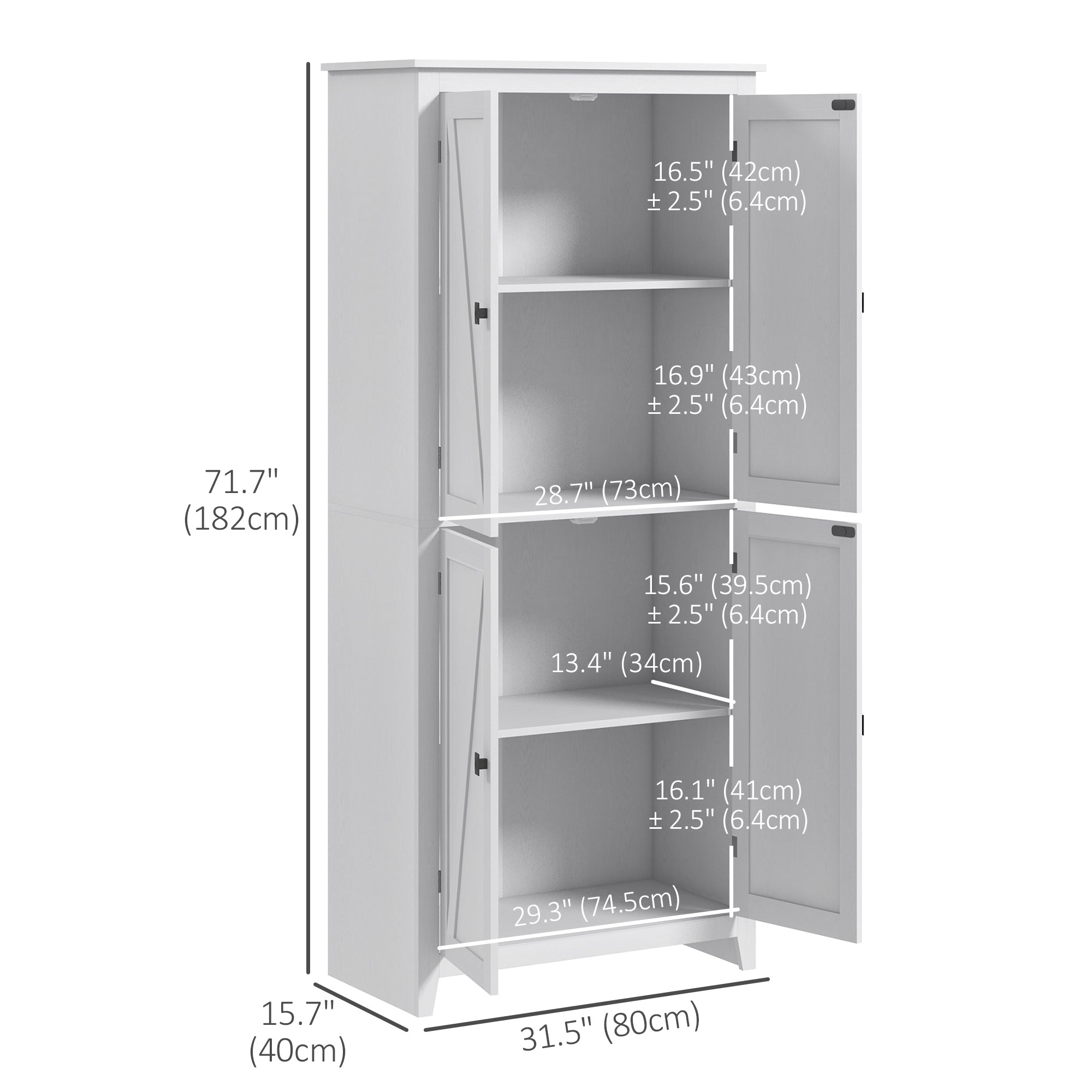 72" Freestanding Storage Cabinet, Kitchen Pantry Cabinet with Doors and Shelves for Dining Room, White